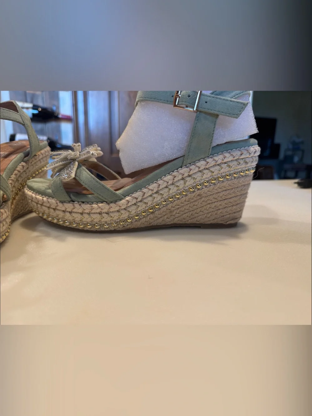Embellished Mint Green Wedge Sandals - Women 8.5/ EU 39